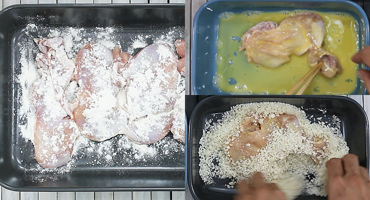 coat chicken with flour, dip in egg and coat at last with panko