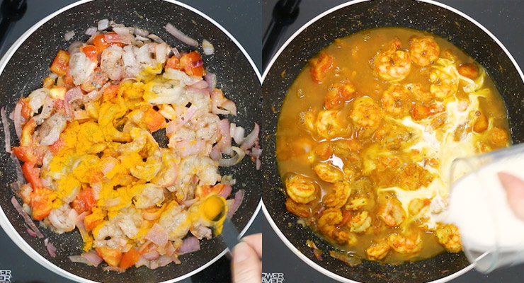 add shrimps spices, broth and coconut milk