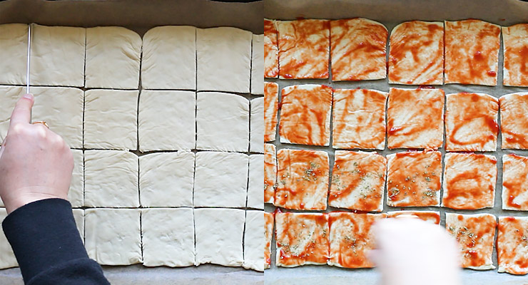 cut pizza crust into 24 squares and spread tomato sauce over that