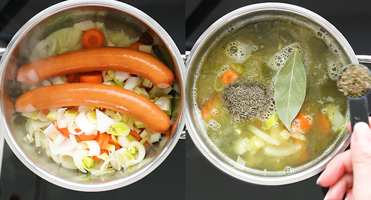 saute veggies and sausage, stir in lentils and seasoning