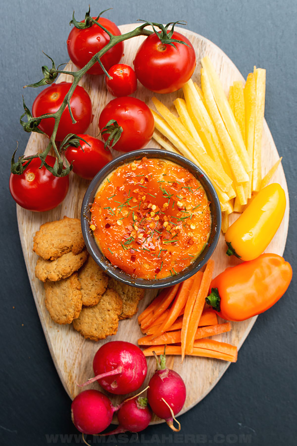 ricotta dip with apricot jam served with vegetable dippers