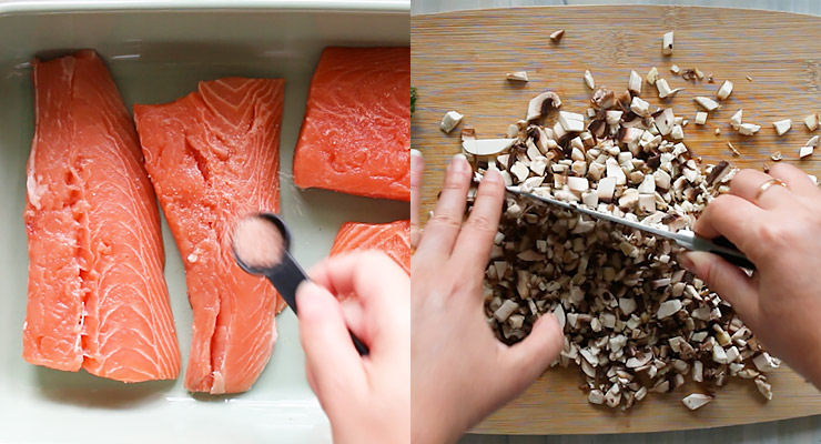 season salmon and prep and cut ingredients