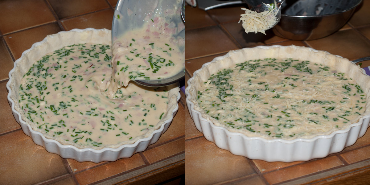 pour quiche custard filling into the tart shape
