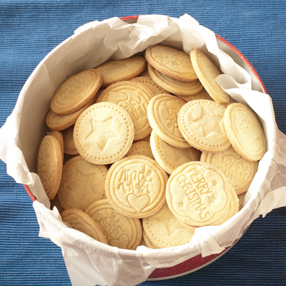 Stamped Cookies in a tin cookies box