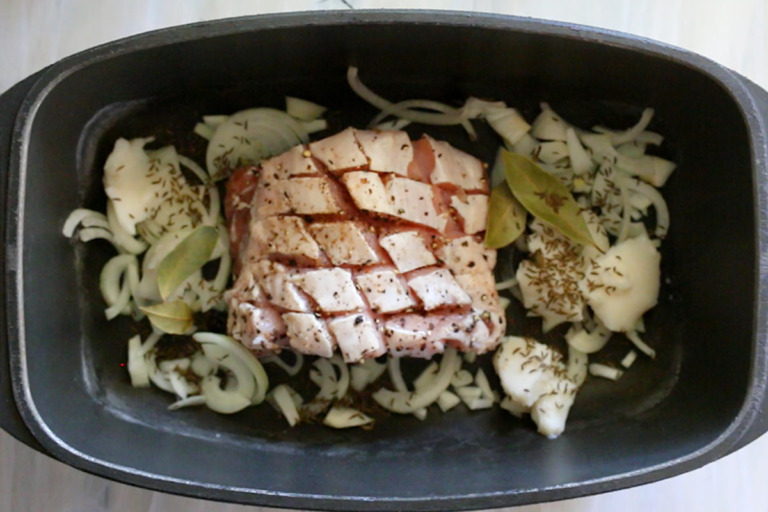 German Pork Loin Roast with Sauerkraut in a Dutch Oven
