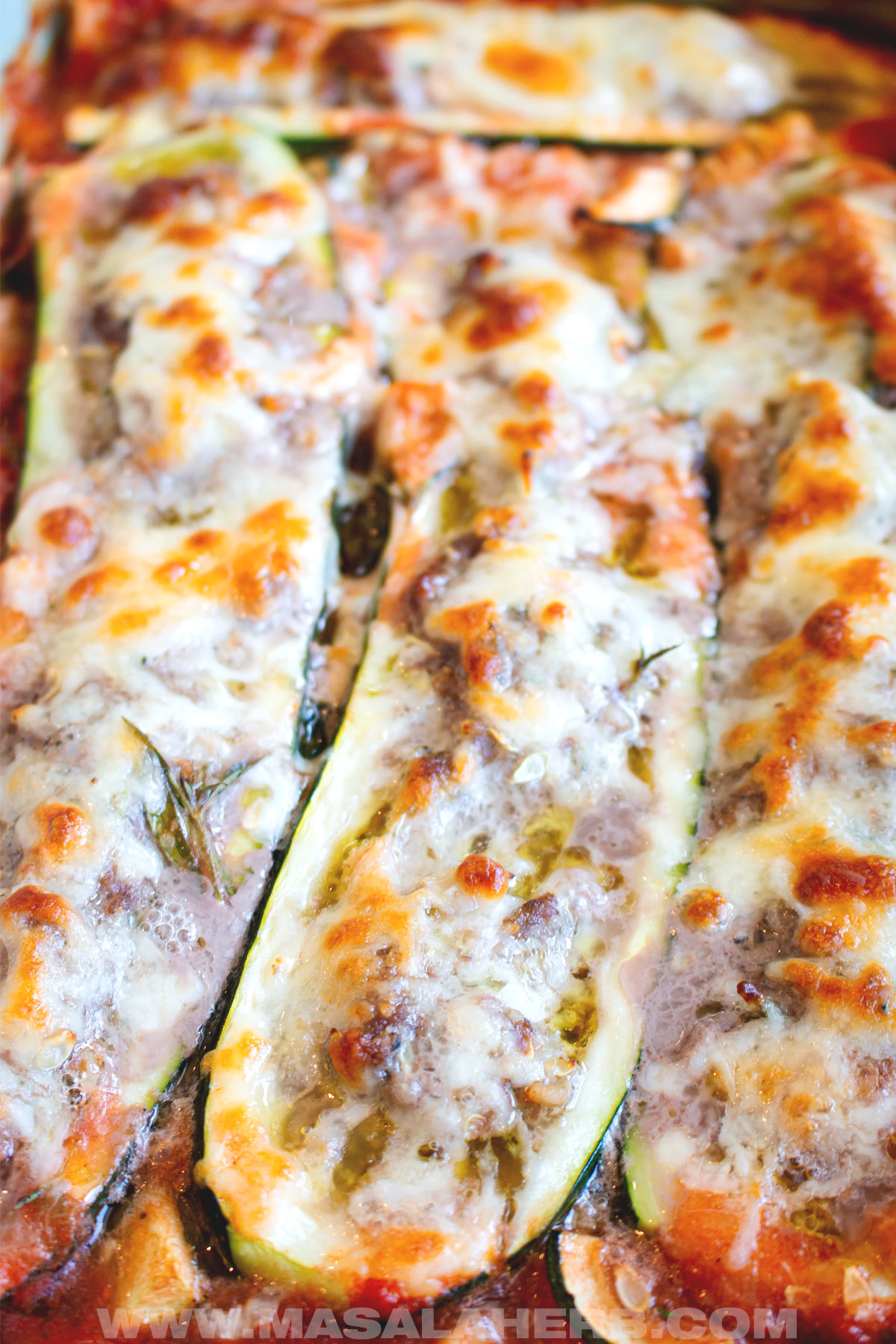 ground beef zucchini boats close up