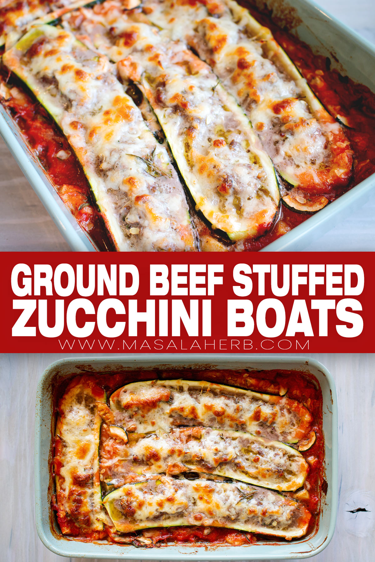 Ground Beef Stuffed Zucchini Boats Recipe pin image