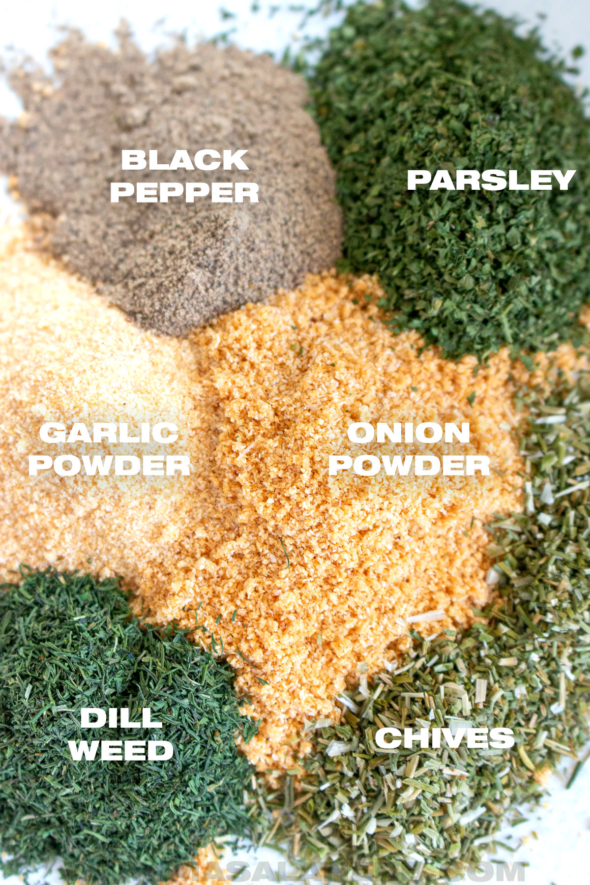 black pepper powder, dried parsley, garlic powder, onion powder, dill weed dried, chives dried.