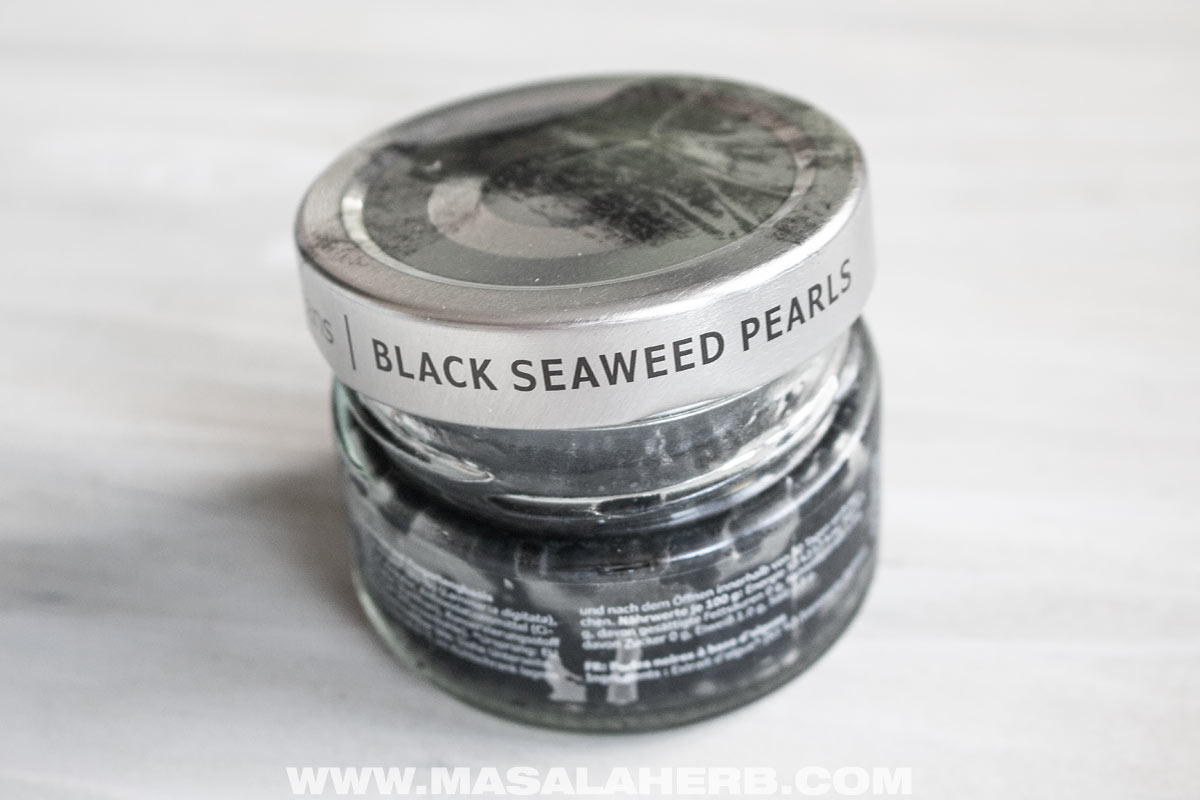 Vegan caviar sold as black seaweed pearls in a small jar