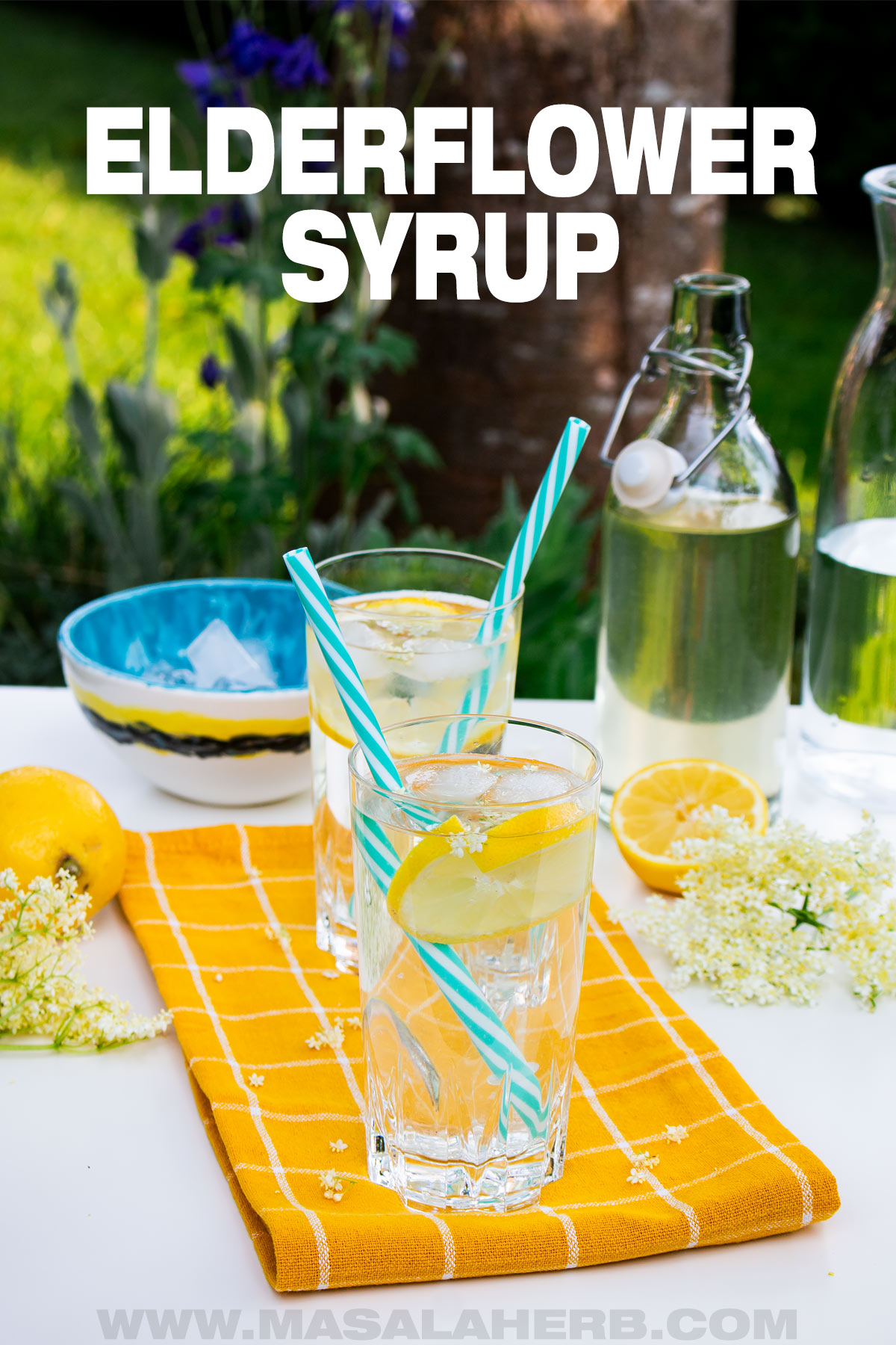Lemon Elderflower Syrup Recipe (No Cooking) pin cover