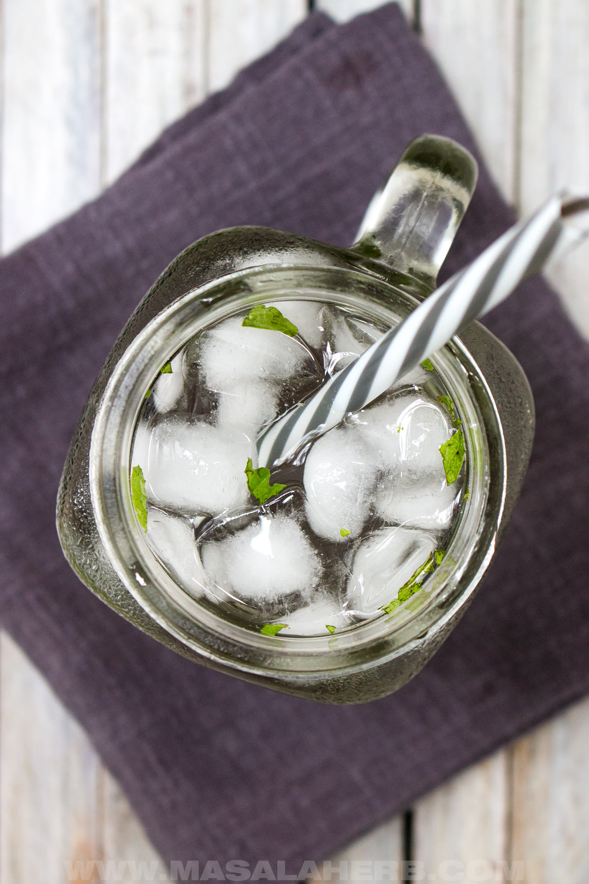 top down view of glass with mint water and ice cubes