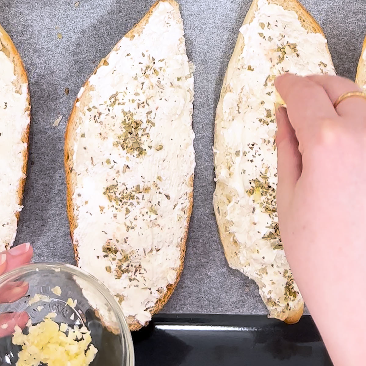 top french bread with seasoning and garlic