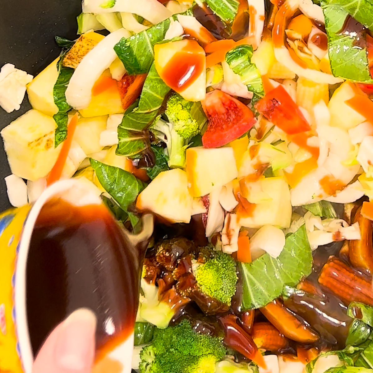 pour stir fry sauce over your food in the wok or pan