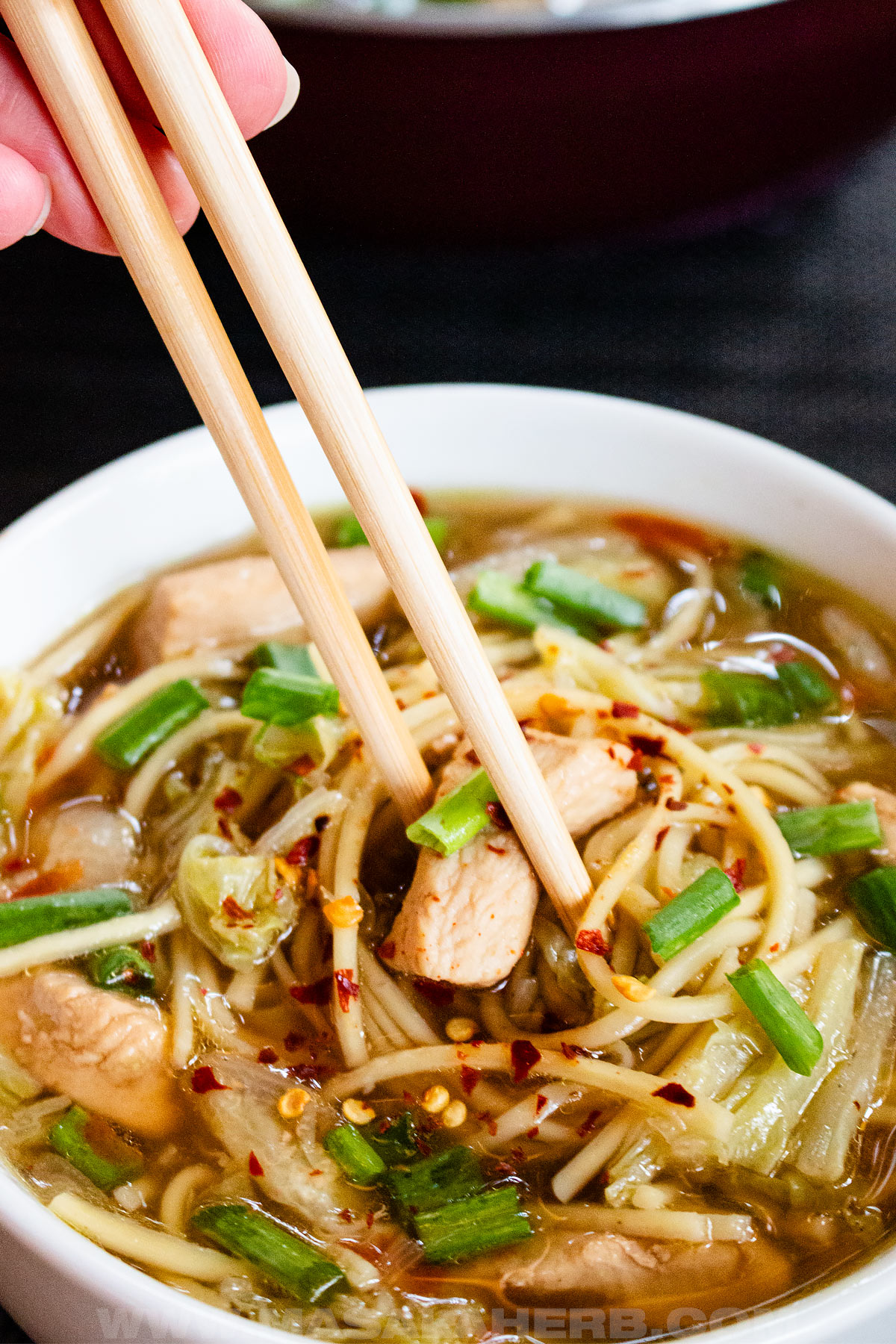 Asian chicken noodle soup and chop sticks