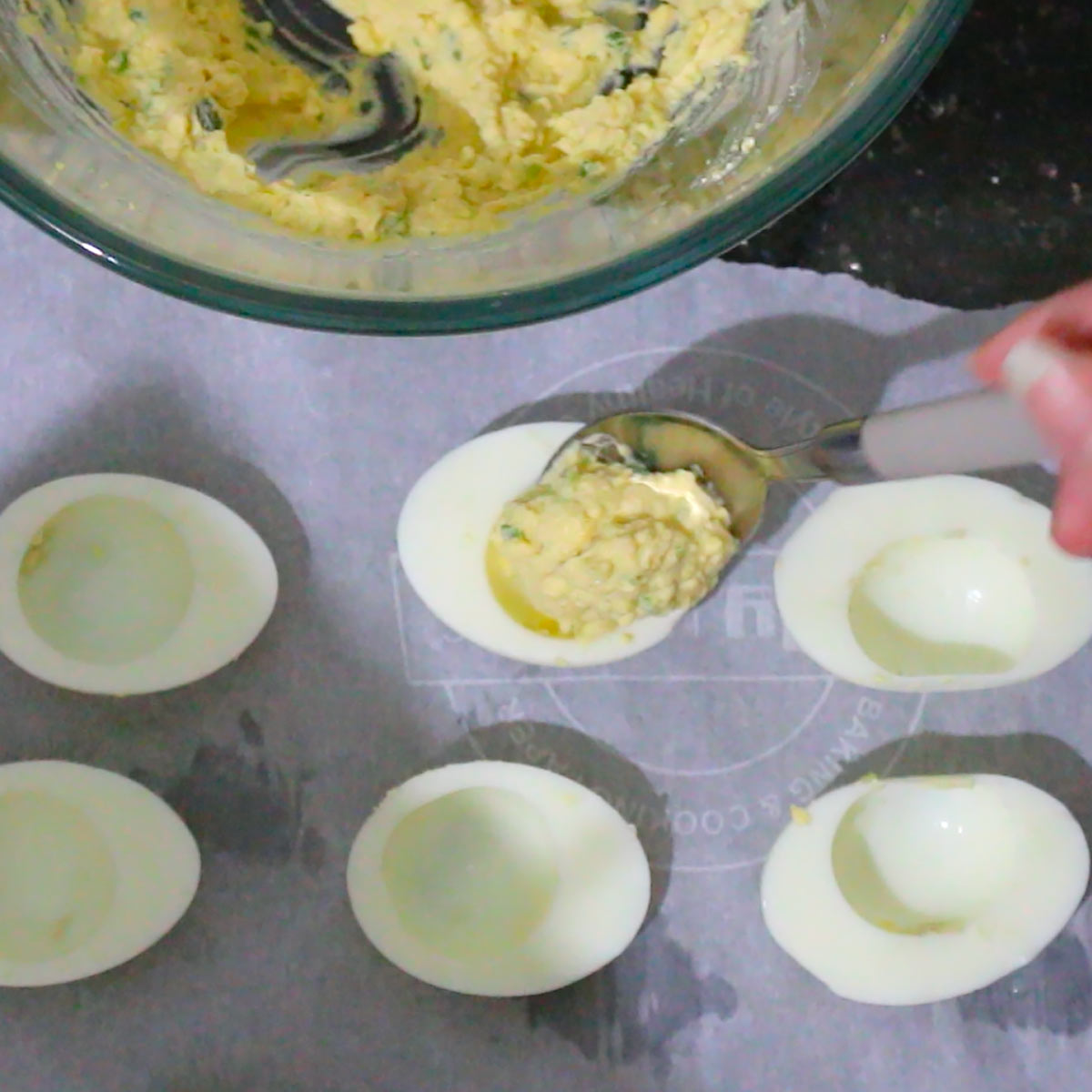 fill egg white halves with deviled egg filling
