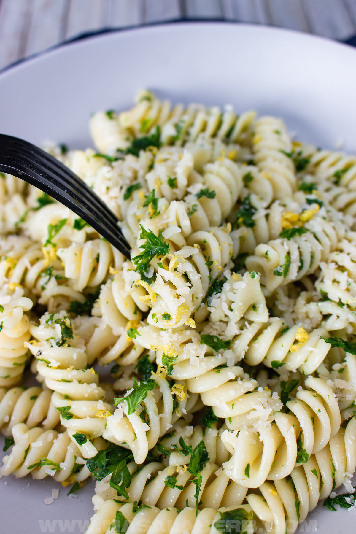 spiral pasta with lemon zst and parsley