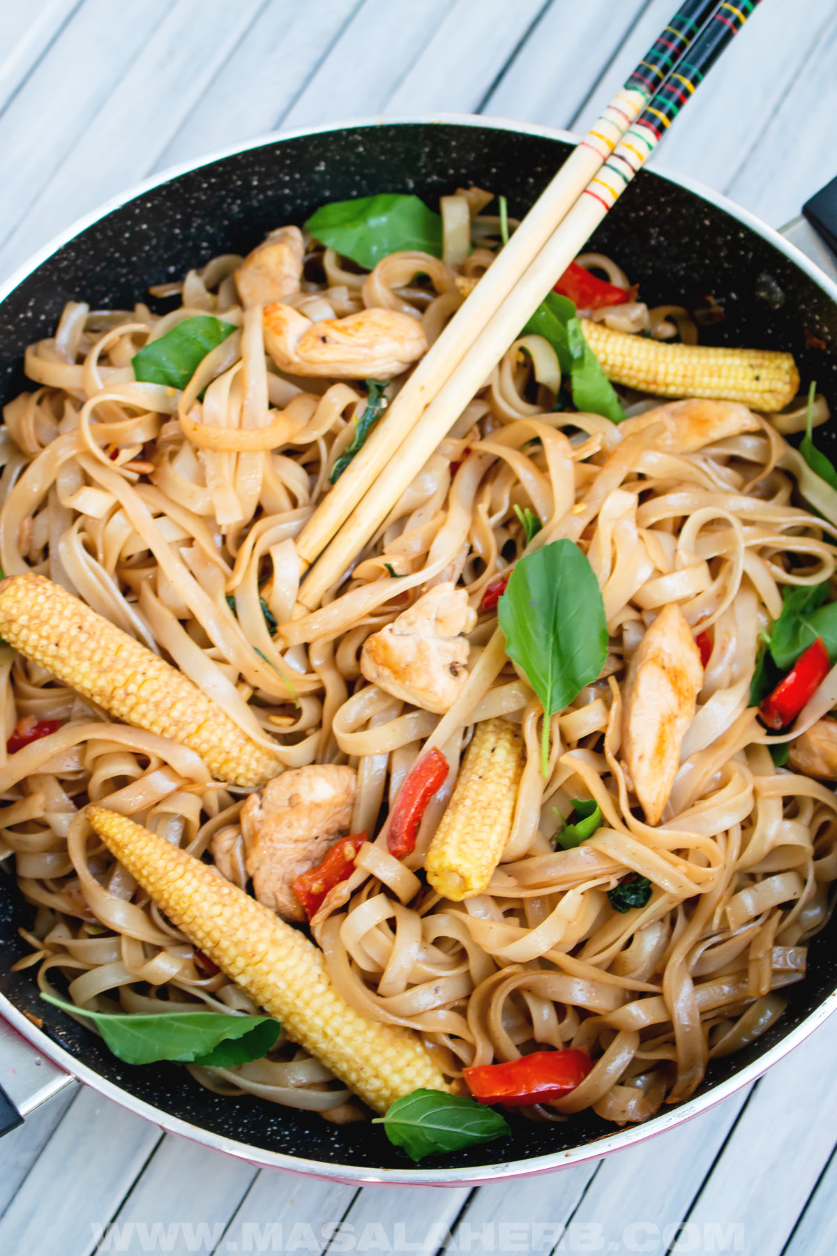 Thai Drunken Noodles with baby corn