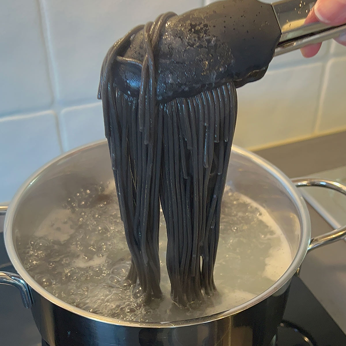 boiled black spaghetti