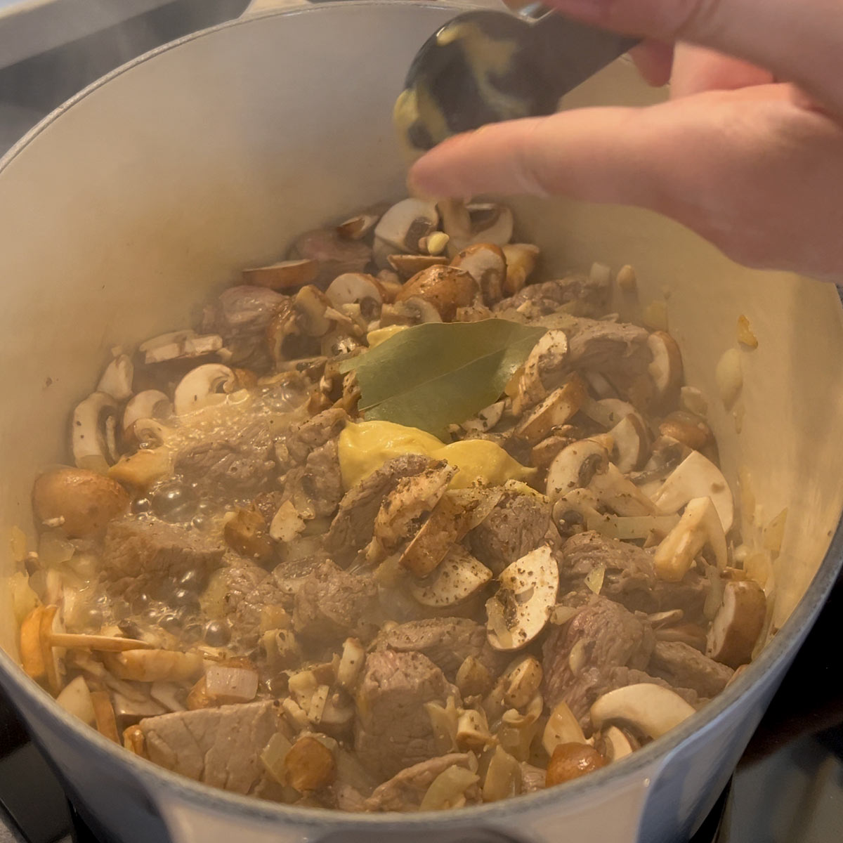 add salt, pepper and mustard paste