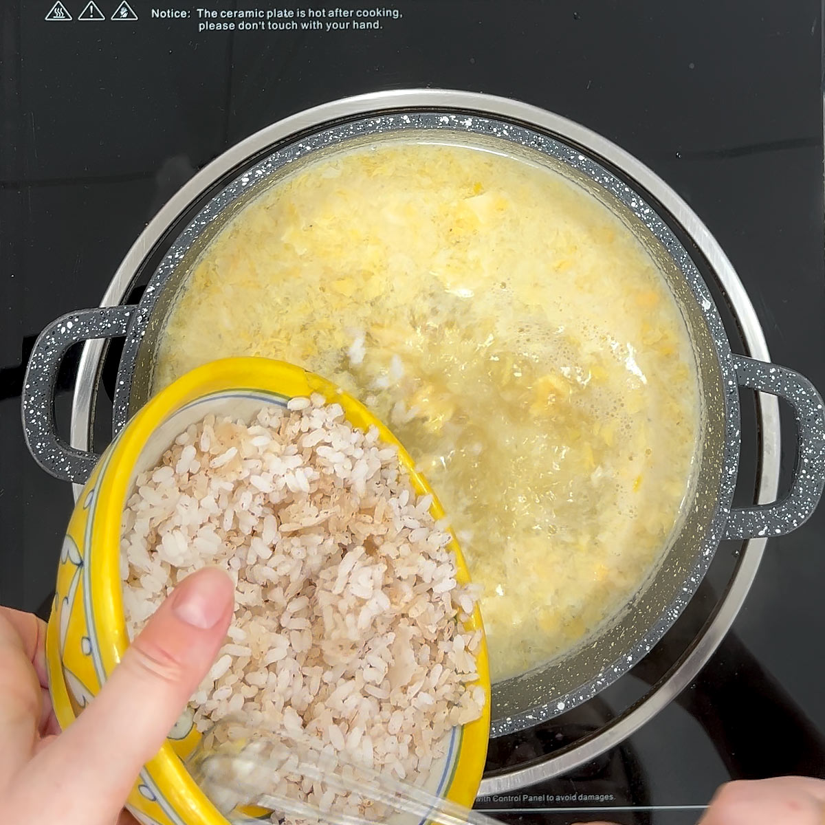 stir cooked rice into soup
