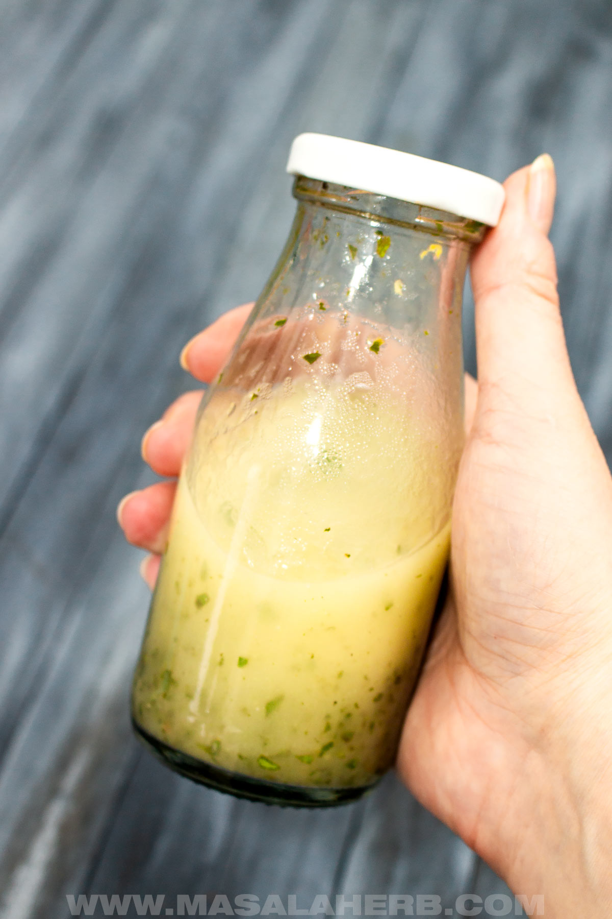 Lemon Basil Vinaigrette in a bottle