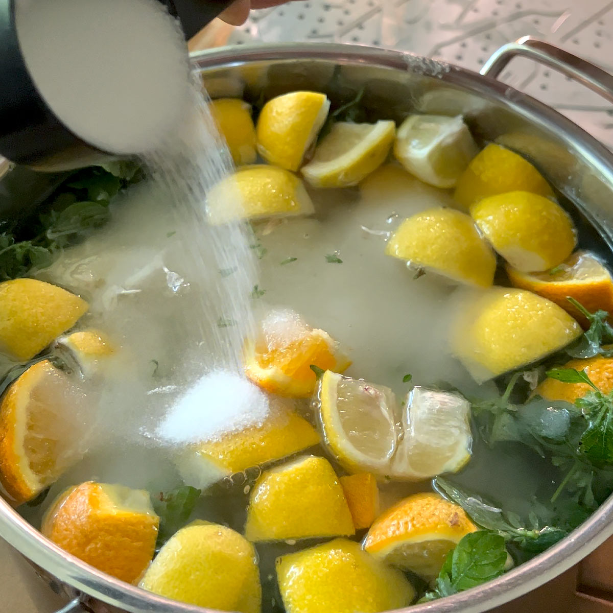add lemon orange sugar and citric acid to lemon balm leaves