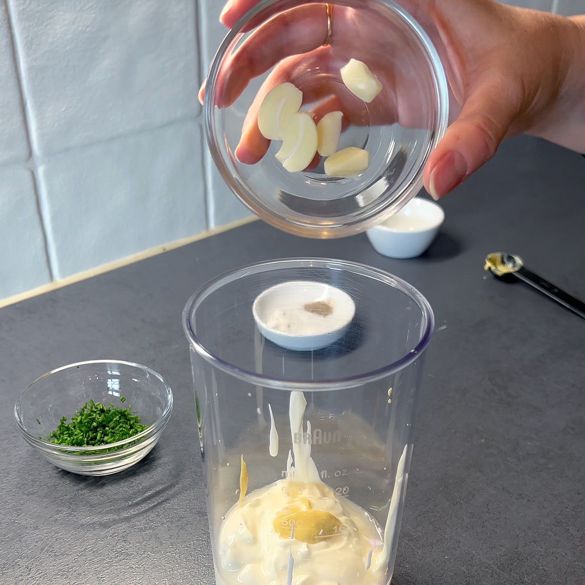add garlic, mustard, vinegar to the yogurt