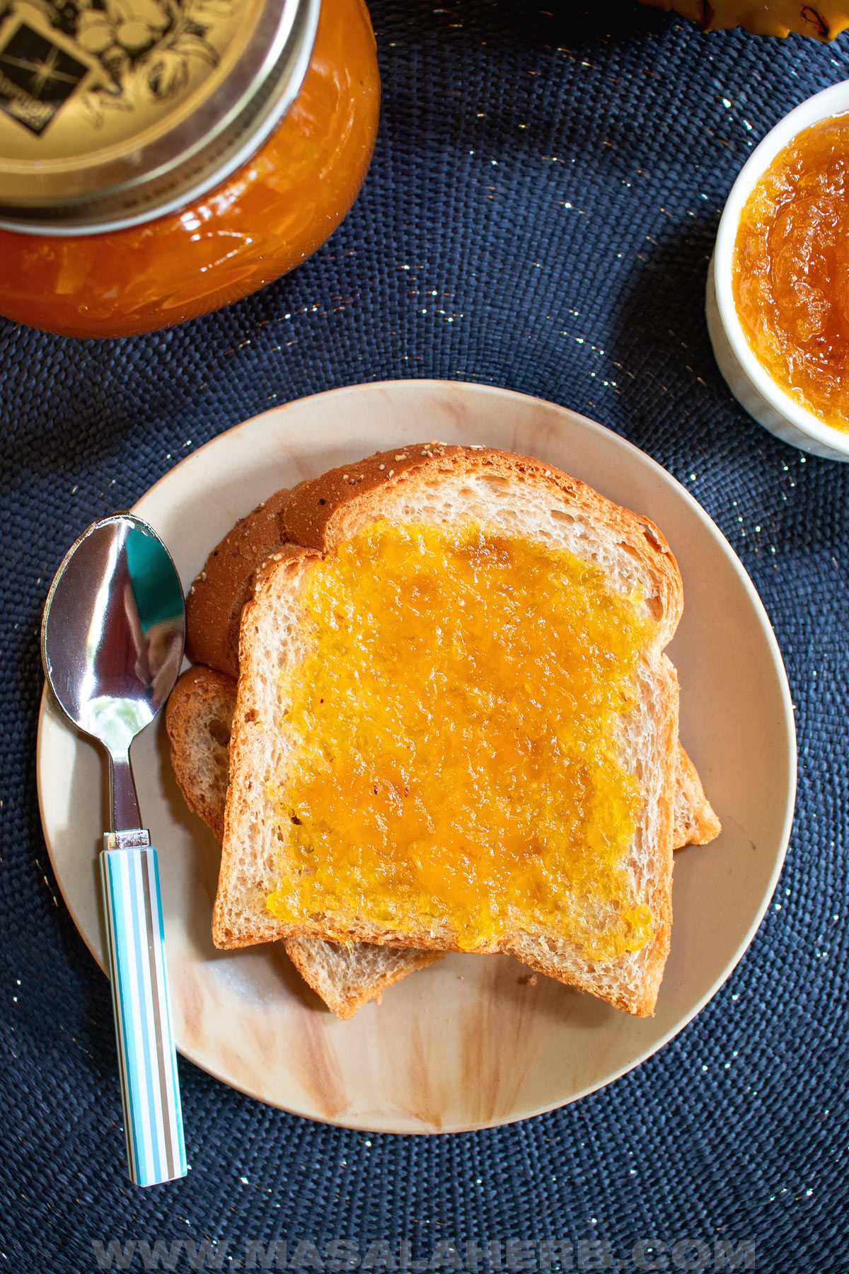 pineapple jam on a slice of bread
