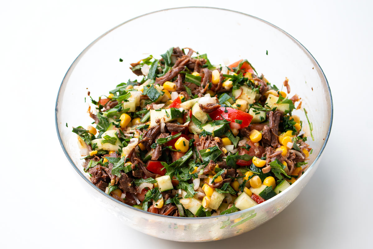 shredded beef corn tomato cucumber salad