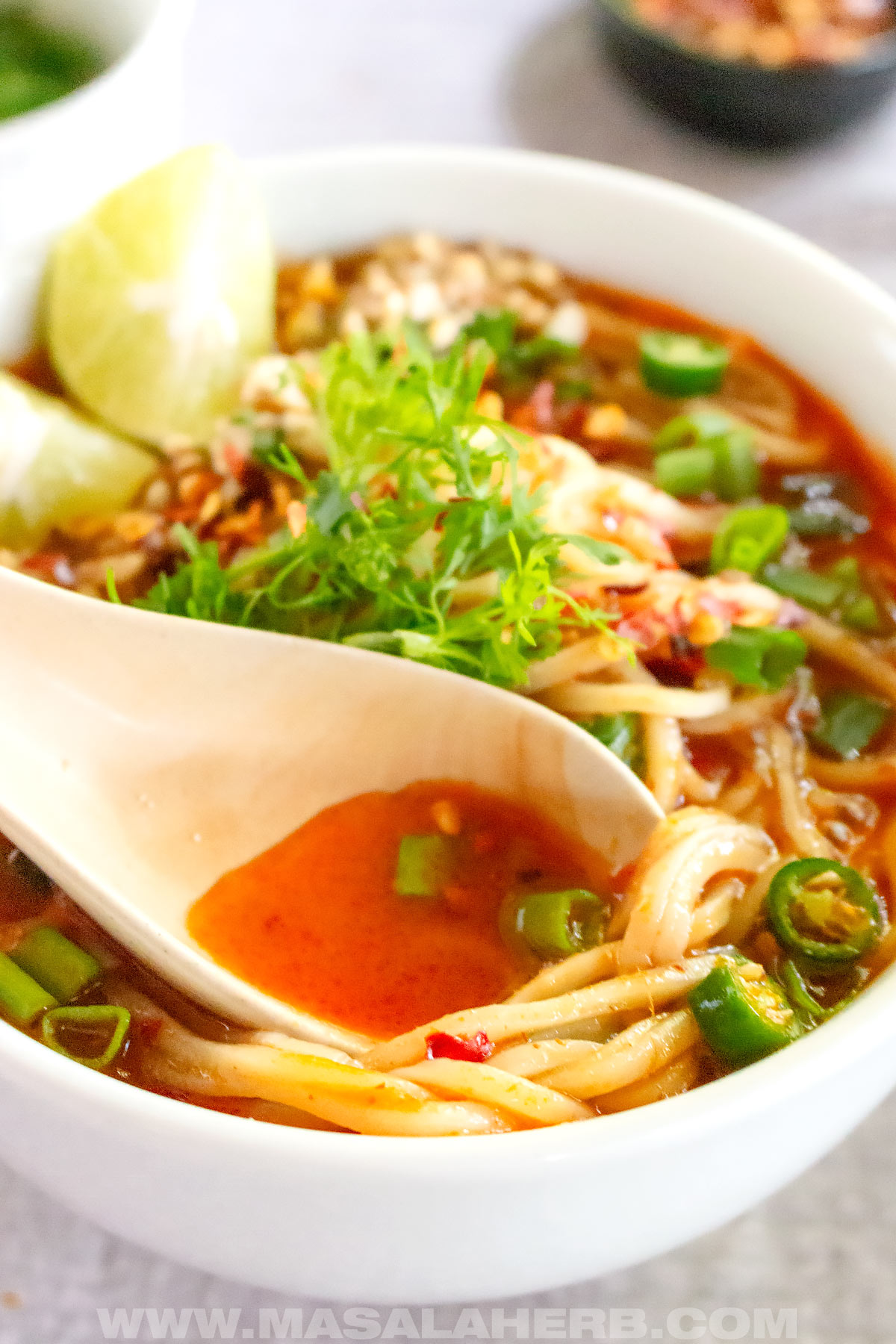Thai style noodle soup with spicy broth