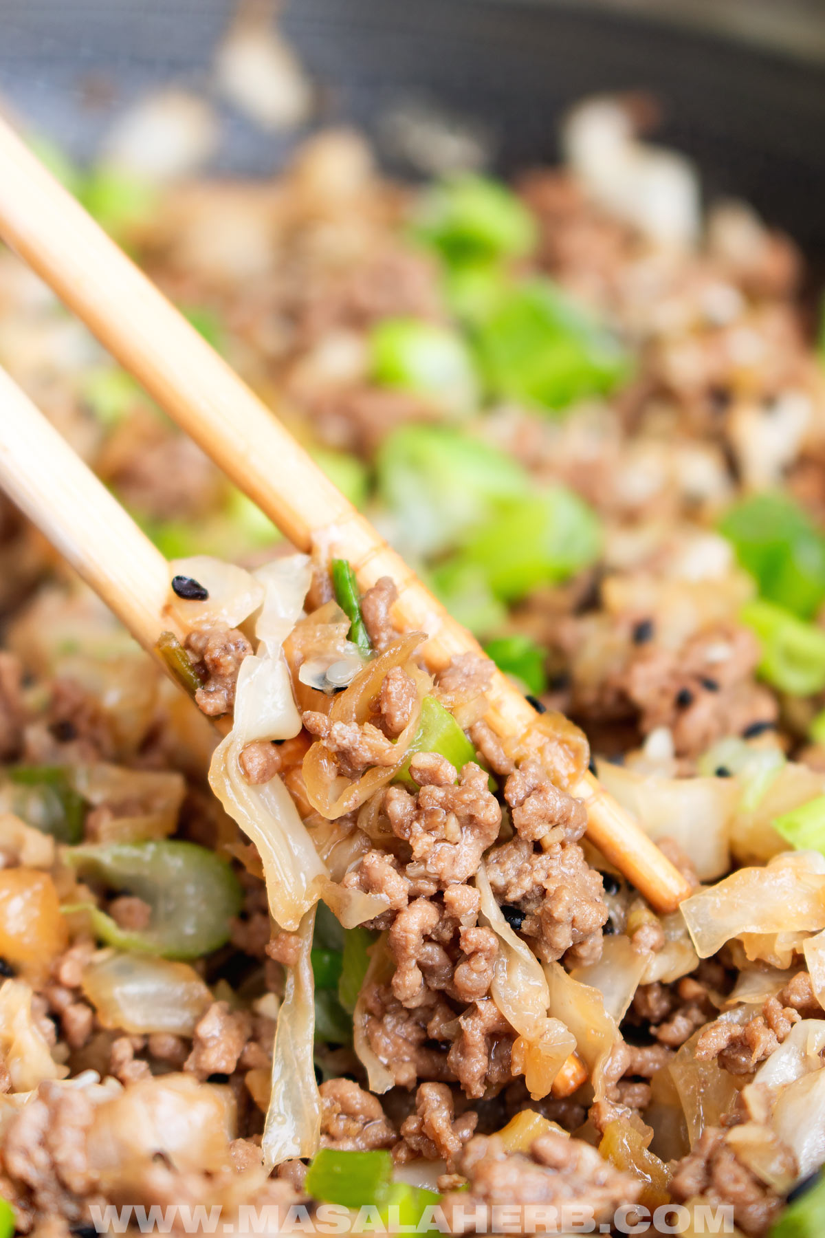 close up Asian beef and cabbage