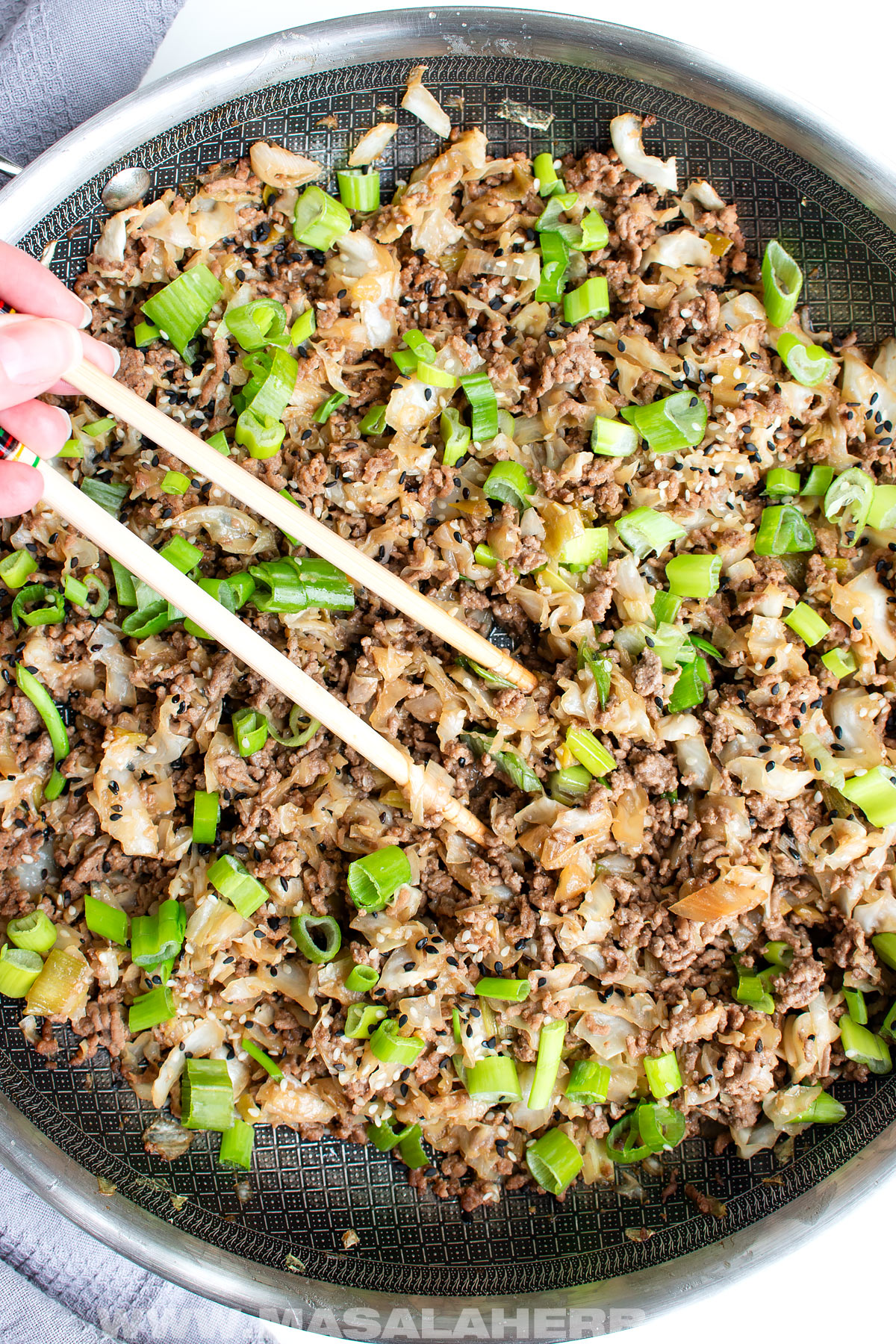 beef and cabbage in a skillet