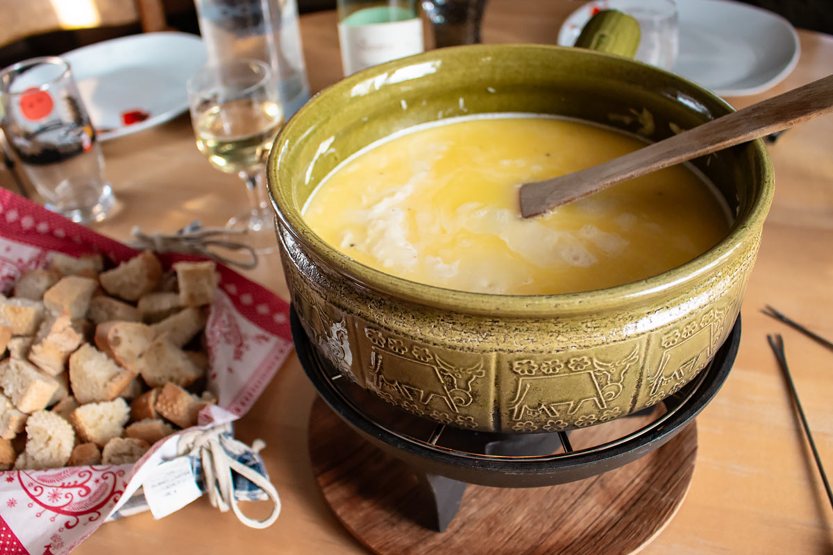 Swiss Cheese Fondue in a cauldron